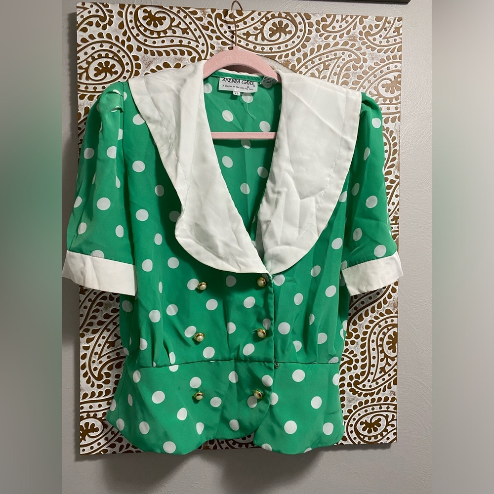 Vintage Polka Dot Leslie Faye Blouse and Skirt Set Mint Green